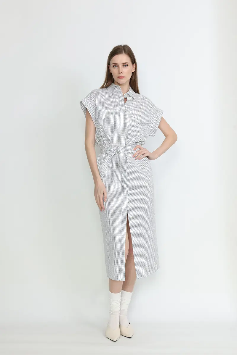 Ballarat Dress - Utility shirt dress in white polka