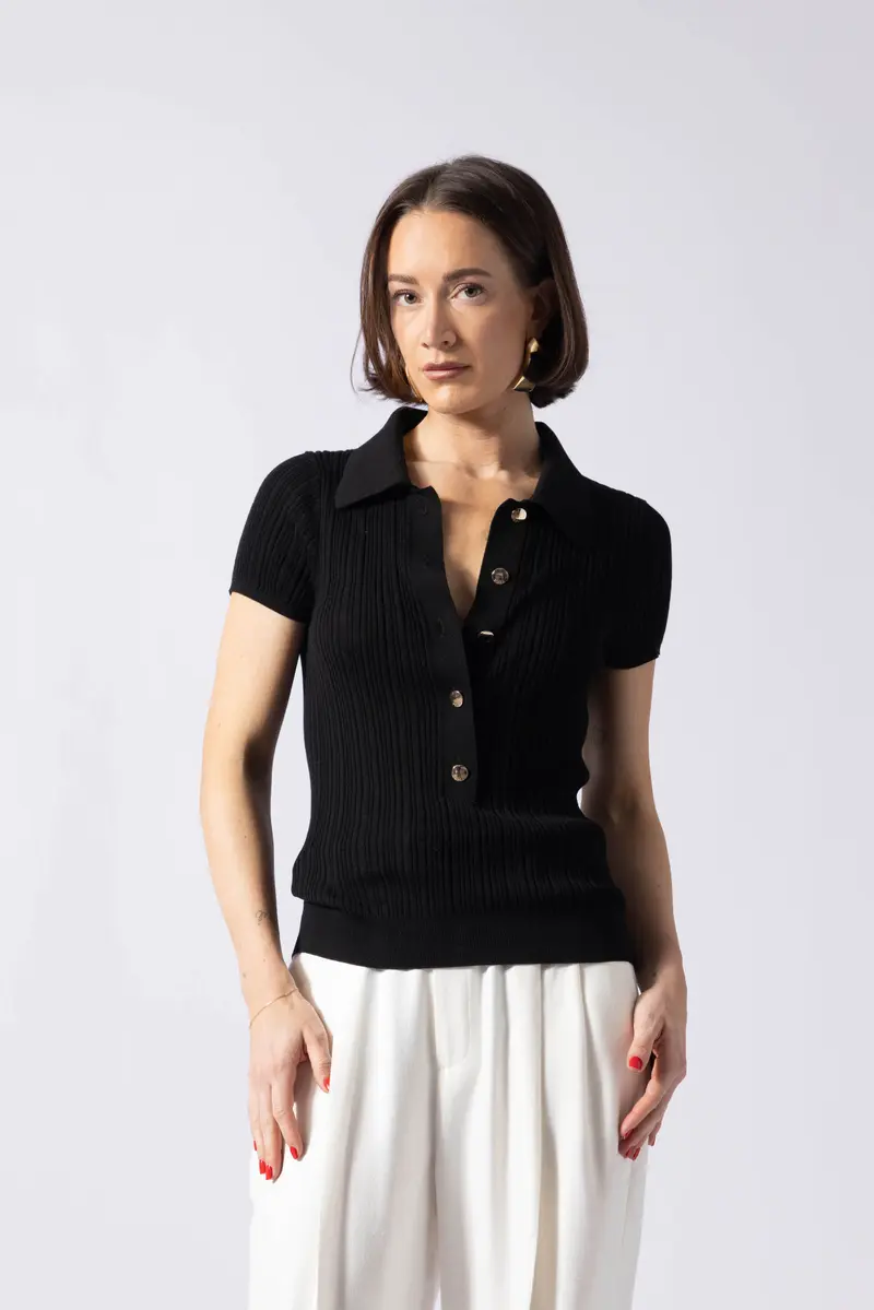 Lamia Top- Polo collar knit top in black