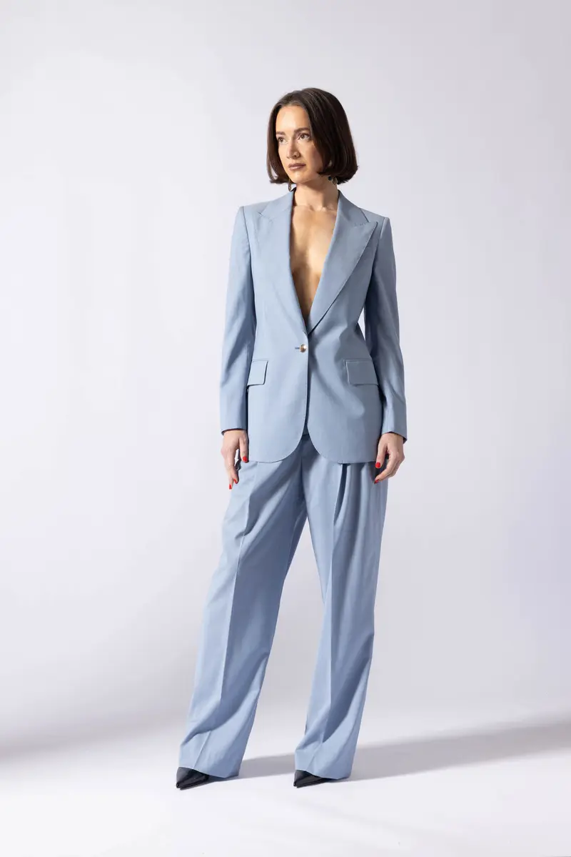 Bolsward Trousers - Straight leg pleated trousers in pale bl
